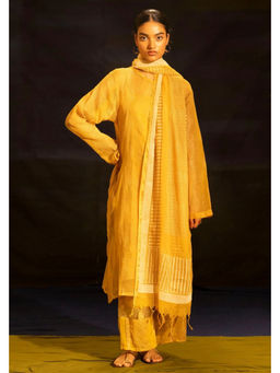 Banana Labs - Women Yellow Stripes Kota Kurta with Pant and Slip and Dupatta