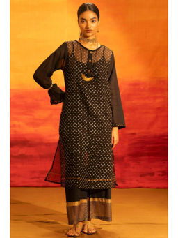 Banana Labs - Women Black Polka Dots Kota Kurta with Pant