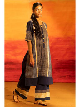 Banana Labs - Women Navy Blue Stripes Pure Cotton Kurta with Palazzo
