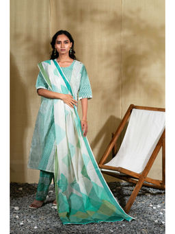 Banana Labs - Women Blue Stripes Pure Cotton Kurta with Pant and Dupatta