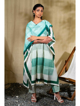 Banana Labs - Women Aqua Stripes Pure Cotton Kaftan with Pants with Scarf and Slip