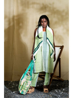 Banana Labs - Women Green Stripes Cotton Kurta with Pant and Dupatta