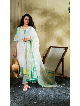 Banana Labs - Women White Stripes Pure Cotton Kurta with Pant and Dupatta