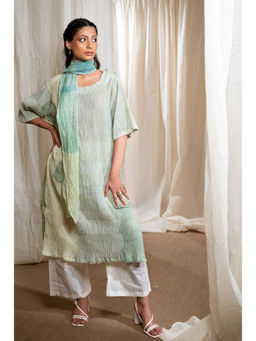 Banana Labs - Women Green Stripes Pure Cotton Dress with Scarf