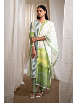 Banana Labs - Women Green Stripes Cotton Kurta with Pant and Dupatta