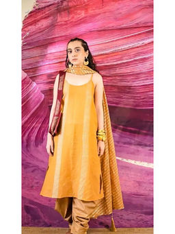 Banana Labs - Women Mustard Stripes Pure Cotton Kurta with Dhoti