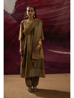 Banana Labs - Women Brown Printed Pure Cotton Kurta with Pant and Dupatta and Slip