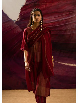 Banana Labs - Women Maroon Printed Pure Cotton Kurta with Pant and Dupatta and Slip