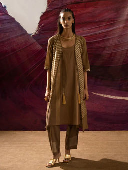 Banana Labs - Women Brown Printed Zari Slip with Pant with Shrug