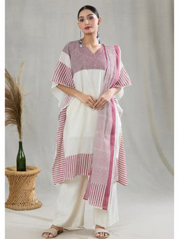 Banana Labs - Women White Stripes Pure Cotton Kaftan with Pant and Dupatta