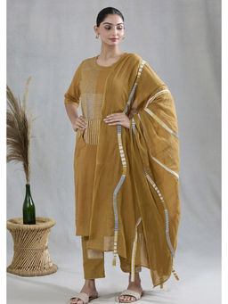 Banana Labs - Women Yellow Stripes Pure Cotton Kurta with Pant and Dupatta