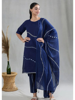 Banana Labs - Women Navy Blue Printed Pure Cotton Kurta with Pant and Dupatta