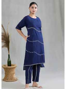 Banana Labs - Women Navy Blue Printed Pure Cotton Kurta with Pant