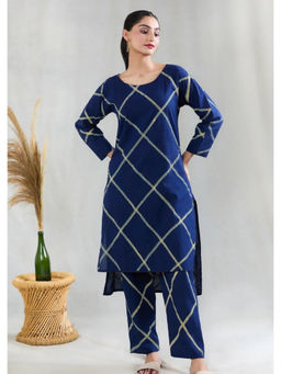 Banana Labs - Women Navy Blue Printed Pure Cotton Kurta with Pant