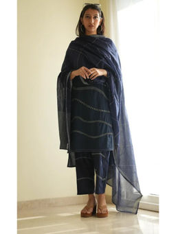 Banana Labs - Women Navy Blue Printed Cotton Kurta with Pant and Dupatta