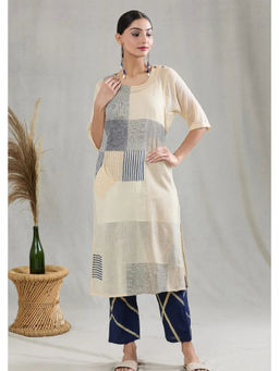 Banana Labs - Women Beige Stripes Pure Cotton Kurta with Pant