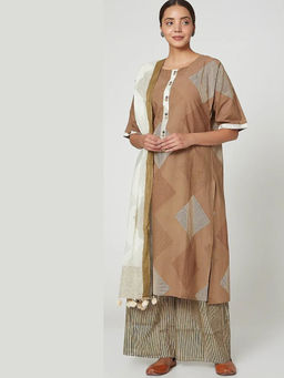 Banana Labs - Women Brown Geometric Pure Cotton Kurta with Palazzo and Dupatta