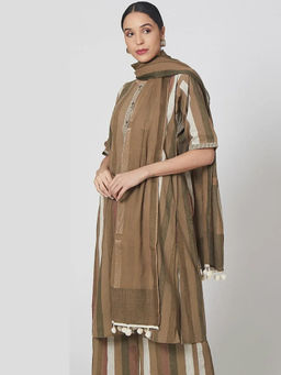 Banana Labs - Women Brown Stripes Pure Cotton Kurta with Palazzo and Dupatta