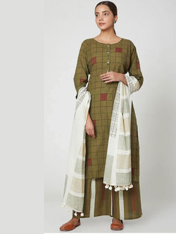 Banana Labs - Women Olive Checks Pure Cotton Kurta with Palazzo and Dupatta