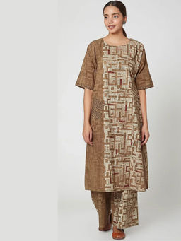 Banana Labs - Women Brown Geometric Pure Cotton Kurta with Palazzo