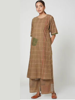 Banana Labs - Women Brown Stripes Pure Cotton Kurta with Palazzo