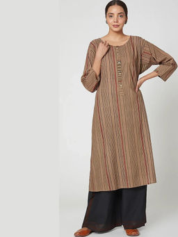 Banana Labs - Women Brown Stripes Pure Cotton Kurta with Palazzo