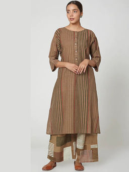 Banana Labs - Women Brown Stripes Pure Cotton Kurta with Palazzo