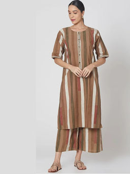 Banana Labs - Women Brown Stripes Pure Cotton Kurta with Palazzo