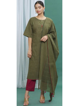 Banana Labs - Women Green Stripes Pure Cotton Kurta with Pant and Dupatta