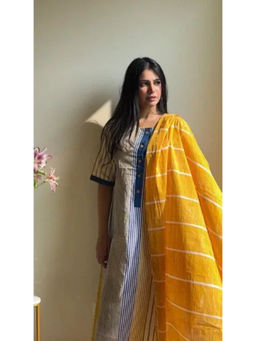 Banana Labs - Women Beige Stripes Pure Cotton Kurta with Palazzo and Dupatta