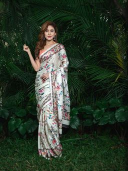 Beatitude - Off White Pink Floral Satin Saree with Unstitched Blouse