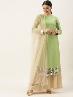 Ethnovog - Ready To Wear Pista Green N Peach Printed Embroidered Sharara Suit (Set of 3)