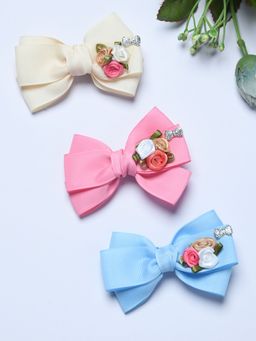 FUNKRAFTS - Trendy Solid and Floral Ribbon Bow Hair Clips (Pack Of 3)
