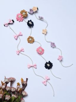 FUNKRAFTS - Trendy Floral and Bows Beads String Hair Clips (Pack Of 3)