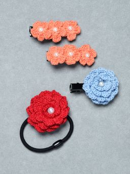 FUNKRAFTS - Multi-Colour Trendy Floral Crochet Hair Clips and Hair Tie (Pack Of 4)