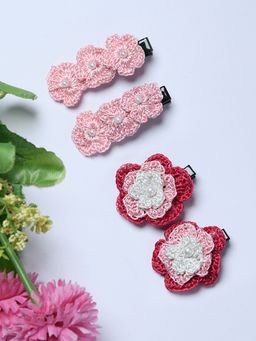 FUNKRAFTS - Pink Trendy Floral Crochet Hair Clips (Pack Of 4)