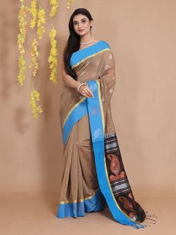 CHARUKRITI - Beige Cotton Handspun Ethnic Motifs & Paisley Designs Saree with Unstitched Blouse