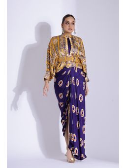 Studio Surbhi - Printed Drape Maxi Dress with Kimono Shirt and Belt (Set of 3)