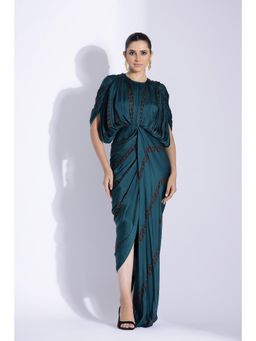 Studio Surbhi - Teal Printed Hand Draped Maxi Dress