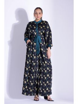 Studio Surbhi - Black Printed Kimono Jumpsuit with Belt (Set of 2)