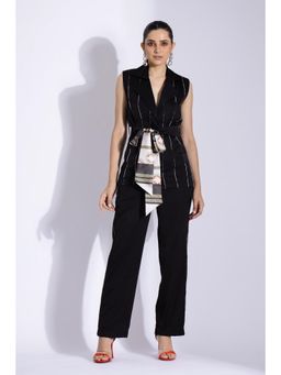 Studio Surbhi - Black Stripes Printed Sleeveless Co-Ord (Set of 3)