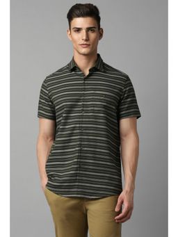 Louis Philippe - Men Green Stripe Half Sleeves Casual Shirt