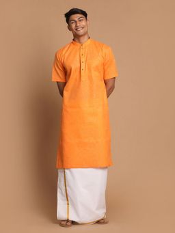 Vastramay - Mens Orange & White Cotton Blend Kurta with Mundu (Set of 2)