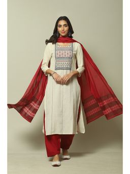 Biba - Red Cotton Unstitched Suit (Set of 3)