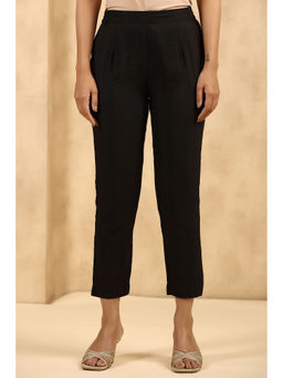 Juniper - Black Rayon Flex Solid Slim Fit Pants with Partially Elasticated Waistband