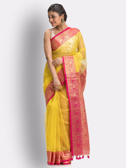 Angoshobha - Women's Handloom Lemon Yellow Art Silk Kanchipuram Saree with Unstitched Blouse