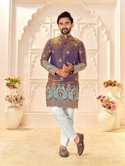 Pink Ethnic - Men Lavender Embroidered Straight Kurta