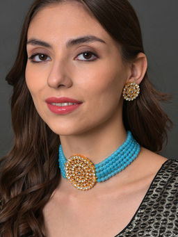 Sohi - Gold Plated White Blue Stone Studded Beaded Jewellery (Set of 2)