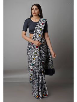 Unnati Silks - Black White Pure Batik Kota Cotton Saree with Unstitched Blouse