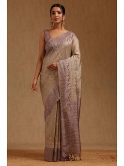 Soch - Grey Tussar Embroidered Saree with Unstitched Blouse